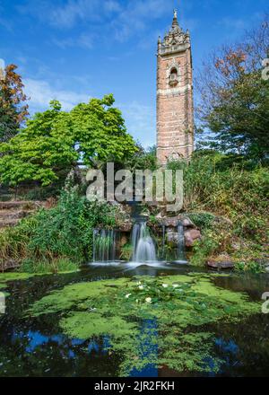 Cabot Tower con giardino ornamentale e cascata Foto Stock