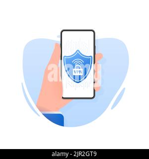 Etichetta di sicurezza blu piatta VPN su sfondo bianco. Illustrazione vettoriale Illustrazione Vettoriale