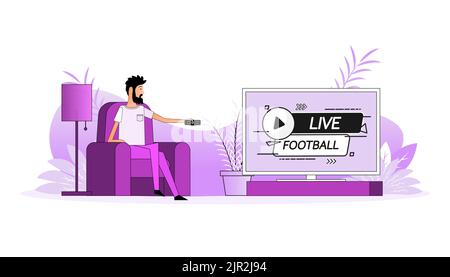 L'uomo si siede sul divano, cambia canale in TV - Live Football Illustrazione Vettoriale