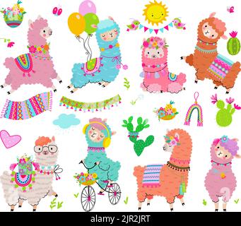 Lama con decorazioni messicane in cactus. Cartoon alpaca dal perù o cile, animali peruviani soffici. Mascotte peruviane, cute bambini adesivi vettore oggi Illustrazione Vettoriale