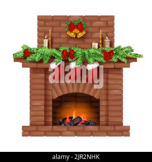 Decorazioni natalizie sul caminetto. Calzini decorativi casa nuovo anno per regali da santa decent caminetti vettoriali in stile realistico Illustrazione Vettoriale