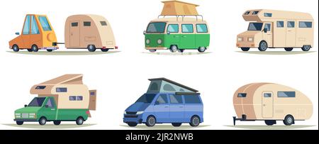 Camping auto. Veicoli caravan vintage per campo all'aperto viaggio vacanza su strada felice turismo simboli esatto vettore cartoni animati immagini Illustrazione Vettoriale