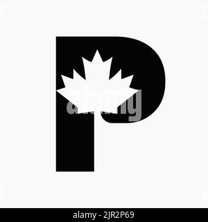 Logo Acero Rosso Canadese sul simbolo vettoriale lettera P. Maple Leaf Concept per l'identità aziendale canadese Illustrazione Vettoriale