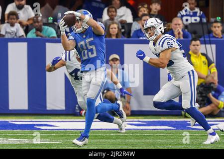 Indianapolis, Indiana, Stati Uniti. 20th ago, 2022. Tom Kennedy (85), il ricevitore di Detroit Lions, prende un pass durante la partita di preason tra i Detroit Lions e gli Indianapolis Colts al Lucas Oil Stadium, Indianapolis, Indiana. (Credit Image: © Scott Stuart/ZUMA Press Wire) Foto Stock