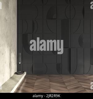 Interni moderni e minimalisti con parete a mosaico nera, lampada da soffitto nera e pavimento in legno a chevron, mockup con illustrazione in 3D Foto Stock