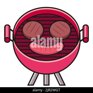 Hamburger polpettine e salsiccia a forma di viso sorridente sul barbecue grill. Barbecue in stile icona cartone animato piatto, isolato vettore clip arte illustrazione. Illustrazione Vettoriale