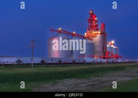 Il terminale di grano interno Richardson Pioneer illuminato di notte vicino Estevan, Saskatchewan, Canada. Foto Stock