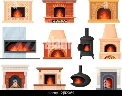 Stufe a legna. Camino camino elettrico fuoco legna calore sistemi, accogliente camino classico decorato casa forno pietra di ferro riscaldatore contemporaneo, vettore illustrazione pulita del camino elettrico Illustrazione Vettoriale