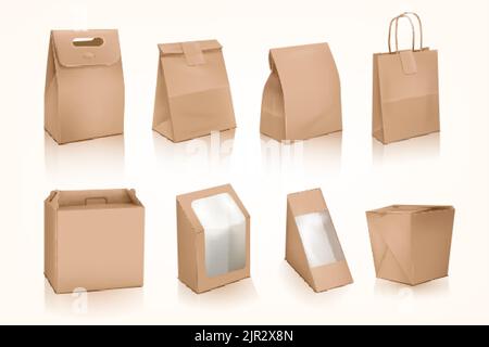 3d sacchetti da asporto. Ristorante takeaway cibo pacchetto, sigillo adesivo sacchetto consegna carta artigianale maniglia sacchetto o pranzo scatola di cartone contenitore panetteria bustina vettoriale illustrazione del contenitore sacchetto e confezione Illustrazione Vettoriale