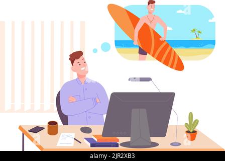 Lavoratore sognare vacanza. Dipendente di ufficio al computer pensare a fine settimana relax, uomo d'affari in pausa sogno pensare a riposo estate spiaggia e mare onda, vettore illustrazione del lavoratore sogno Illustrazione Vettoriale