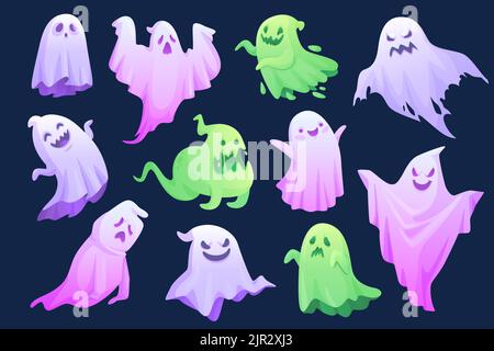 Fantasma cartoon. Fantasmi spettrale poltergeist personaggio divertente di fantasma casa amichevole spirito vedere tessuto corpo carino halloween spaventoso mostro faccia ingenious vettore illustrazione di fantasma halloween Illustrazione Vettoriale