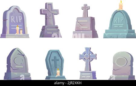 Pietre di testa di cartone animato. Pietre di pietra spaventose croci, cripta di tomba anello di Halloween o antica lapide di cimitero, elementi funerari lacerazione cimitero, ingegnoso vettore illustrazione di lapide di testa set Illustrazione Vettoriale