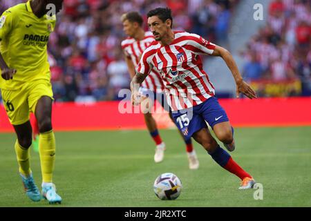 Madrid, Spagna, 21 agosto 2022 allo Stadio Civitas Metropolitano durante il giorno 2 della liga tra Atletico de Madrid e Villareal. Stefan Savić di Atletico in azione durante la partita di oggi. Foto Stock