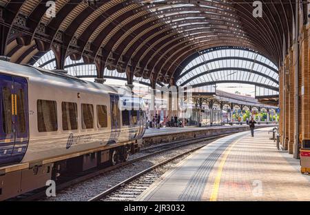 Accanto alla piattaforma della stazione ferroviaria si trova un treno. Ci sono dei passeggeri sullo sfondo e una storica tettoia curva è sopra. Foto Stock