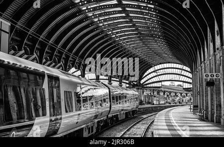 Accanto alla piattaforma della stazione ferroviaria si trova un treno. Ci sono dei passeggeri sullo sfondo e una storica tettoia curva è sopra. Foto Stock