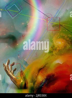 Futurismo Abstract, Arcobaleno in mano. Rendering 3D Foto Stock