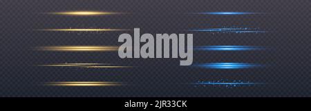 Collezione linee di bagliore. Lampeggia in oro. Fasci luminosi orizzontali su sfondo trasparente. Linee blu impostate per poster o Web. Illustrazione vettoriale. Illustrazione Vettoriale