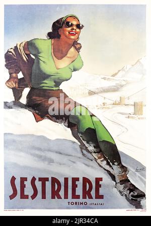 Poster Vintage Winter Sport - poster da viaggio - Gino Boccasile - Sestriere - 1946. Foto Stock