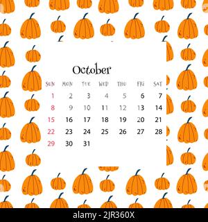 2023 Calendario di ottobre. Illustrazione vettoriale del calendario del mese su modello senza giunture con le zucche carine in stile piatto del cartone animato. Sfondo colorato con Illustrazione Vettoriale