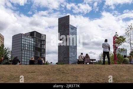 Gli abitanti del posto fanno un picnic a Londra nel E20 durante la Fete estiva con i lussuosi e alti appartamenti 'Manhattan Loft Gardens' sullo sfondo, Newham, Londra, 2022. Foto Stock