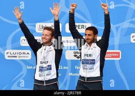 Roma, . 21st ago, 2022. Lorenzo Marsaglia, Giovanni Tocci (Ita) medaglia d'argento sincronizzato 3m trampolino durante i Campionati europei di nuoto Roma 2022. Roma 21st Agosto 2022 Photographer01 Credit: Agenzia indipendente per le foto/Alamy Live News Foto Stock