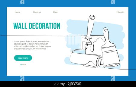 Concetto di riparazione a domicilio. Pagina di destinazione del sito Web. I lavoratori dei riparatori stanno facendo lavori della casa. Personaggi di Cartoon Paint pareti e mettere Tile. Illustrazione del vettore del contorno lineare. Illustrazione Vettoriale