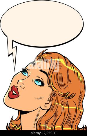 Pop art bella donna guarda con sorpresa. Faccia grande. ragazza della signora Illustrazione Vettoriale