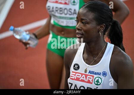 L'atleta belga Anne Zagre ha illustrato dopo le semifinali della gara femminile a 100m ostacoli ai Campionati europei di atletica, a Monaco 2022, Germania, domenica 21 agosto 2022. La seconda edizione dei Campionati europei si svolge dal 11 al 22 agosto e prevede nove sport. FOTO DI BELGA ERIC LALMAND Foto Stock