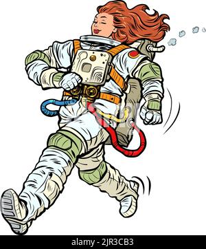Pop art Astronauta donna vincitore cammina orgogliosamente in avanti. Tuta spaziale astronauta Illustrazione Vettoriale