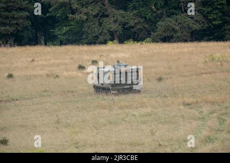 L'esercito britannico ha semovente M270 Multiple Launch Rocket System (MLRS) in azione su un esercizio militare Foto Stock