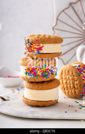Gelati e biscotti sandwich impilati sul tavolo Foto Stock