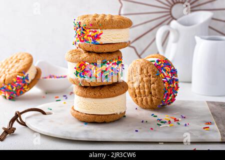 Gelati e biscotti sandwich impilati sul tavolo Foto Stock