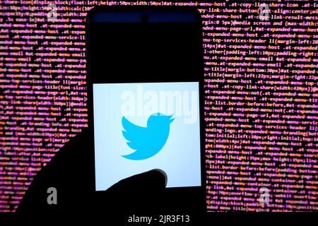 India. 22nd ago, 2022. In questa immagine viene visualizzato un logo Twitter su uno smartphone android. (Foto di Avishek Das/SOPA Images/Sipa USA) Credit: Sipa USA/Alamy Live News Foto Stock