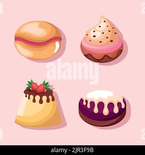 quattro icone di prodotti da dessert Illustrazione Vettoriale