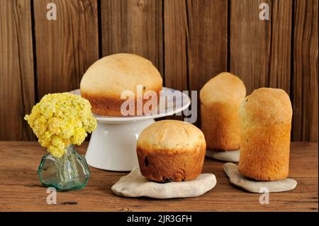 Paska, pane dolce pasquale dell'Europa orientale con fiori gialli su sfondo di legno con spazio Foto Stock