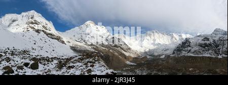 Mattina vista panoramica dal campo base sud del monte Annapurna, Nepal Foto Stock