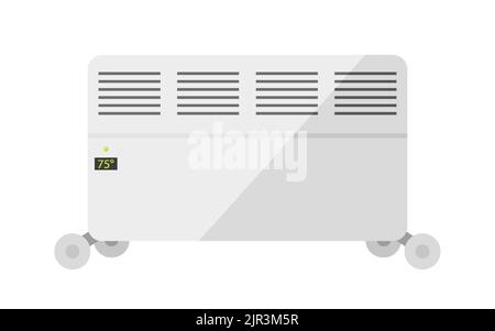 Riscaldamento elettrico a casa sulle ruote bianche piatte. Elettrodomestici controllo della temperatura ambiente riscaldamento aria elettrico automatico sistema casa intelligente clima comfort sala di monitoraggio isolato su bianco Illustrazione Vettoriale