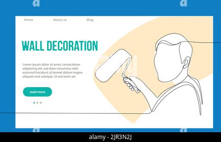 Concetto di riparazione a domicilio. Pagina di destinazione del sito Web. I lavoratori dei riparatori stanno facendo lavori della casa. Personaggi di Cartoon Paint pareti e mettere Tile. Illustrazione del vettore del contorno lineare. Illustrazione Vettoriale