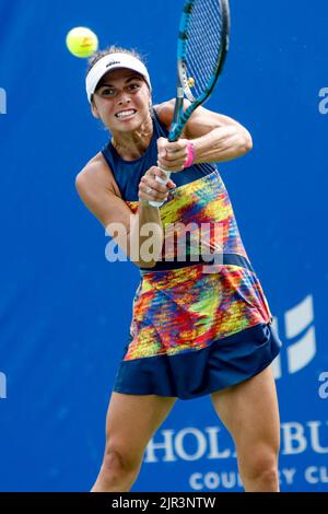 VANCOUVER,BC - Agosto 21: Incontro finale donne Valentini Grammatikopoulou(GRE) def Lucia Bronzetti (ITA)durante il giorno nove del 2022 Odlum Brown VanOpen all'Hollyburn Country Club il 21 agosto 2022, a West Vancouver, British Columbia, Canada.(Foto di Clelio Tomaz/Pximages Foto Stock