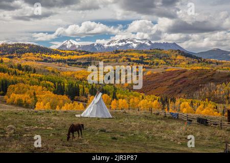 Tipi e cavallo al pascolo su Wilson Mesa con Wilson Peak in autunno, San Miguel Mountains, Colorado Foto Stock