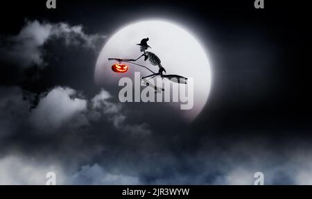 strega scheletro nella notte di luna piena, festa di halloween, 3d rendering illustrazione Foto Stock