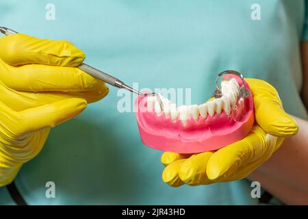 Mani del dentista con disposizione della mandibola umana e dello strumento dentale. Foto Stock