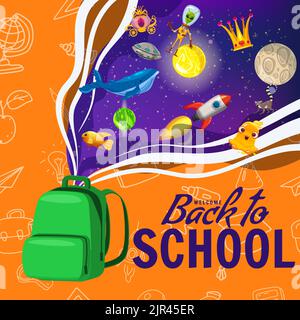 Zaino con poster a scuola, immaginazione spaziale, concetto creativo. Modello per invito, poster, banner, promozione. Cartoni animati con illustrazioni vettoriali Illustrazione Vettoriale