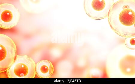 Banner orizzontale con celle organiche. Virus, germi o batteri su sfondo astratto. Banner scientifico con stelo cellulare. 3d rendering Foto Stock