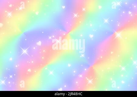 Sfondo fantasia unicorno arcobaleno con stelle, cuori e scintille. Illustrazione olografica in colori pastello. Cielo luminoso multicolore. Vettore. Illustrazione Vettoriale