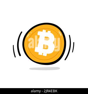 Golden bitcoin cartone animato disegnato a mano vettore stile, isolato su sfondo bianco. Illustrazione Vettoriale