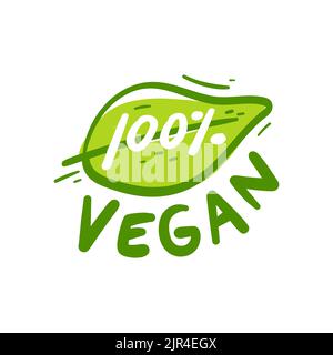 Disegno a mano 100% segno vegano. Etichetta verde elemento prodotto vegano. Illustrazione Vettoriale