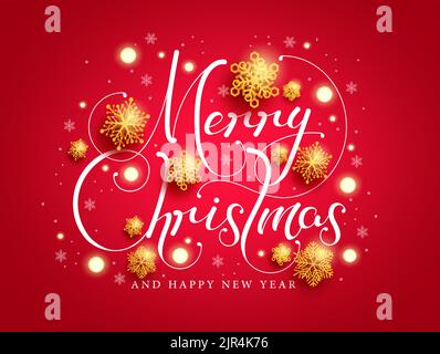 Buon natale tipografia disegno vettoriale. Buon testo di saluto di natale in elegante calligrafia con fiocchi di neve d'oro e luci elemento per il Natale. Illustrazione Vettoriale