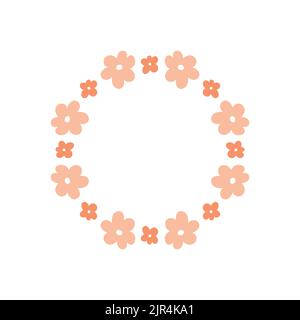 Corona floreale con graziose margherite rosa isolate su sfondo bianco. Cornice rotonda con fiori. Illustrazione disegnata a mano con vettore. Perfetto per carte, inviti, decorazioni, logo, vari disegni. Illustrazione Vettoriale