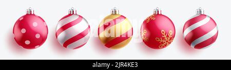 Palle di Natale set di design vettoriale. Palla decorazione natalizia a strisce, cerchio e fiocchi di neve nei colori rosso, bianco e oro per 3D xmas. Illustrazione Vettoriale